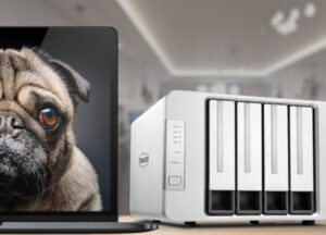 The Terramaster F4-223 with a partial screen showing the Chinese Pug that is the standard background for the TOS 5 operating system.